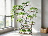 Tree-shaped Plant Stand with 4 Grow Lights, Black Iron Tube & Weathered Wood MDF, With Wheels, 26624629