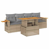 5 Piece Garden Sofa Set with Cushions Beige Poly Rattan Acacia 3327545