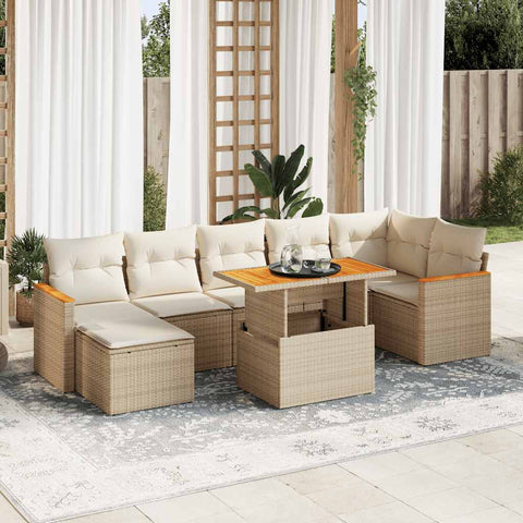 ZNTS 8 Piece Garden Sofa Set with Cushions Beige Poly Rattan Acacia 3327516