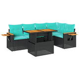 6 Piece Garden Sofa Set with Cushions Black Poly Rattan Acacia 3327599