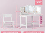 Kids Dressing Table and Stool Set, Girls Vanity Table with 2-Colour LED Lights, Tri-Folding Mirror, T3398P422151