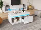 High Glossy LED Coffee Table with Drawer Storage, Wooden Centre Table with RGB Led Lights Rectangle N605P272209W