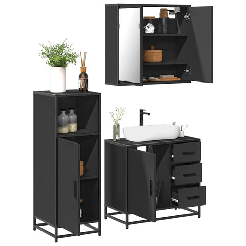 ZNTS 3 Piece Bathroom Furniture Set Black Engineered Wood 3300955