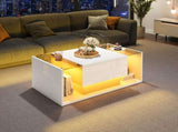 High Gloss Coffee Table with Open Storage, 1 drawer, LED lights, Centre Table with glass tabletop, N605P374206W