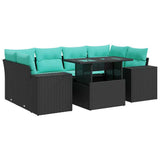 7 Piece Garden Sofa Set with Cushions Black Poly Rattan Acacia 3326748