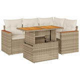 5 Piece Garden Sofa Set with Cushions Beige Poly Rattan Acacia 3327481