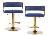 2pcs Blue Corduroy Swivel Bar Stools with Gold Plated Trumpet Base and Height Adjustable Gas Lift 52678700