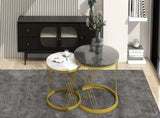 Round Coffee Modern Coffee Table Set of 2 Marble Pattern Top with Metal Frame, Small Side WF307775AAA
