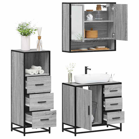 ZNTS 3 Piece Bathroom Furniture Set Grey Sonoma Engineered Wood 3301048