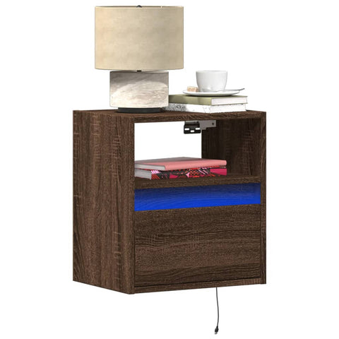 ZNTS Wall-mounted Bedside Cabinet with LED Lights Brown Oak 3307987
