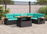 6 Piece Garden Sofa Set with Cushions Black Poly Rattan Acacia 3327599