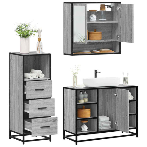 ZNTS 3 Piece Bathroom Furniture Set Grey Sonoma Engineered Wood 3301063