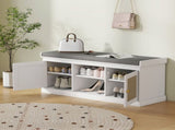 Boho Shoe Storage Bench with Padded Cushion and Rattan Doors - White T3398P423862