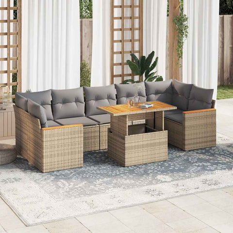 ZNTS 7 Piece Garden Sofa Set with Cushions Beige Poly Rattan Acacia 3327461