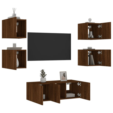 ZNTS 6 Piece TV Wall Units with LED Brown Oak Engineered Wood 3216817