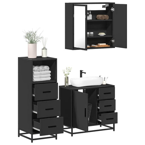 ZNTS 3 Piece Bathroom Furniture Set Black Engineered Wood 3301015