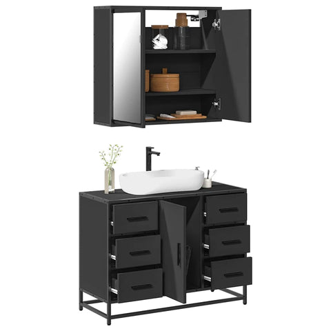 ZNTS 2 Piece Bathroom Furniture Set Black Engineered Wood 3300900