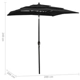 313850 3-Tier Garden Parasol with Aluminium Pole Black 2x2 m