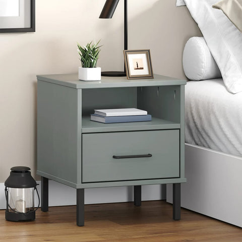 ZNTS Bedside Cabinet with Metal Legs Grey Solid Wood Pine OSLO 350971