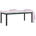 Garden Table Black 190x90x75 cm Tempered Glass and Poly Rattan 316712