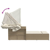 Double Sun Lounger with Canopy and Cushions Beige Poly Rattan 365810