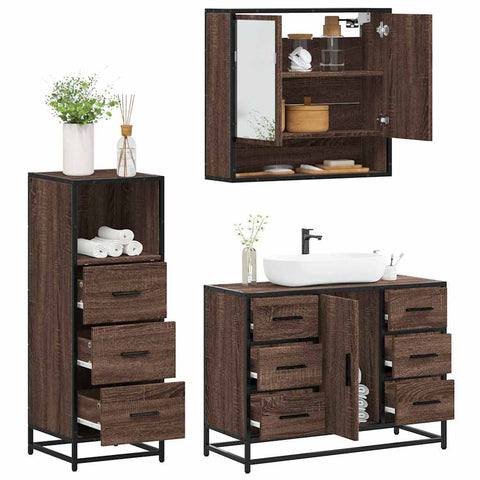 ZNTS 3 Piece Bathroom Furniture Set Brown Oak Engineered Wood 3301054