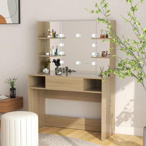 Makeup Table with LED Lights 100x40x135 cm MDF Oak 331545