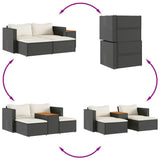 5 Piece Garden Sofa Set with Cushions Black Poly Rattan Acacia 365725