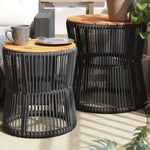 ZNTS Garden Side Tables 2 pcs with Wooden Top Black Poly Rattan 366291