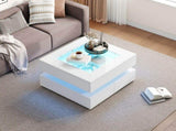 Highgloss Coffee Table with 3 drawers, LED lights, Square Centre Table with glass tabletop, Sofa N605P374075W