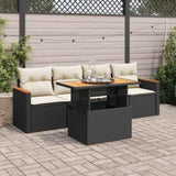 5 Piece Garden Sofa Set with Cushions Black Poly Rattan Acacia 3327430