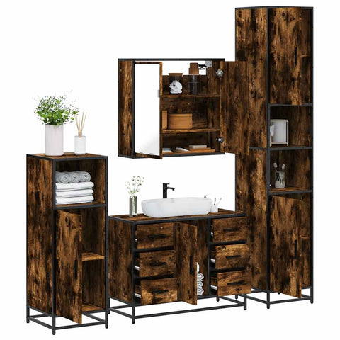 ZNTS 4 Piece Bathroom Furniture Set Smoked Oak Engineered Wood 3301202
