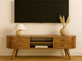 Solid Wood Rounded Entertainment Unit, 4 Drawers, 2 Shelves, Brown B2743P403490