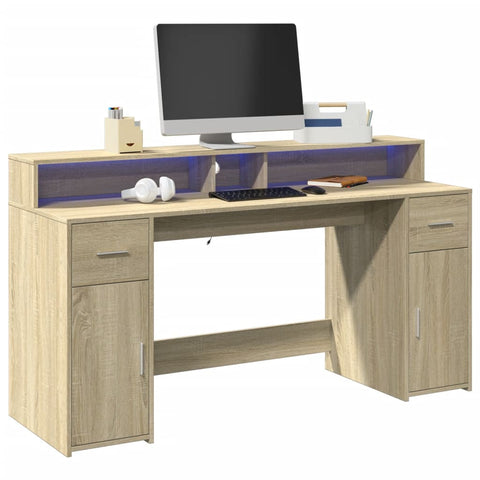 Desk with LED Lights Sonoma Oak 160x55x91 cm Engineered Wood 3309431