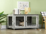 Dog Crate Furniture End Table, with Washable Cushion, Double Doors, for Medium/Large Dogs, Grey T3398P349623