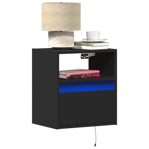 ZNTS Wall-mounted Bedside Cabinet with LED Lights Black 3307977