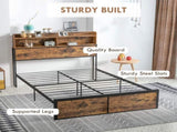 Industrial Double Bed Frame, 4.6FT Steel Bed Base with Storage Headboard, Footboard, Slatted Support T3398P423093