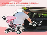 Metal Frame 6 in 1 Baby Push Tricycle with Parent Handle for 1-5 Years Old, Pink T3398P378960
