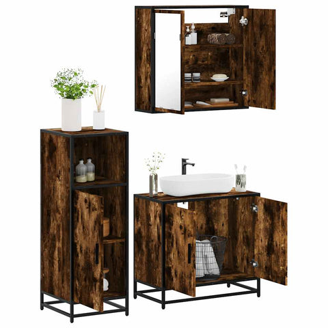 ZNTS 3 Piece Bathroom Furniture Set Smoked Oak Engineered Wood 3300947