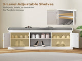 Boho Shoe Storage Bench with Padded Cushion and Rattan Doors - White T3398P423862