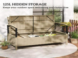 125L Garden Storage Bench, 2 Seater PE Rattan Outdoor Bench Storage Box with Padded Cushion, Khaki T3398P552617