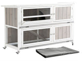 Wooden Pet Hutch, Two-Tier Cage with Rain Cover, Wheels, White T3398P554175