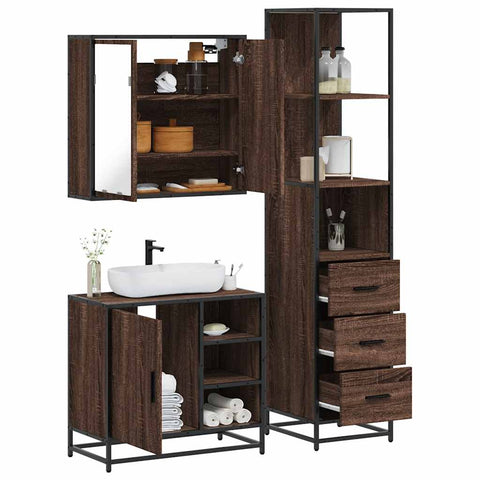 ZNTS 3 Piece Bathroom Furniture Set Brown Oak Engineered Wood 3301149