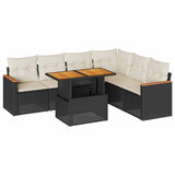 7 Piece Garden Sofa Set with Cushions Black Poly Rattan Acacia 3327493