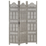 Hand carved 3-Panel Room Divider Grey 120x165 cm Solid Mango Wood 285321