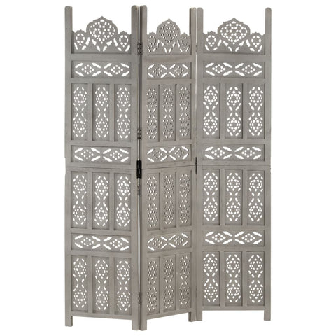 Hand carved 3-Panel Room Divider Grey 120x165 cm Solid Mango Wood 285321