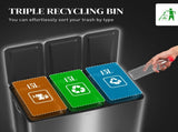 3 x 15L Pedal Bin, Steel Triple Kitchen Bin with Soft Close Lid, Removable Inner Buckets, T3398P344678