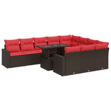 11 Piece Garden Sofa Set with Cushions Brown Poly Rattan Acacia 3326395