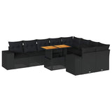 10 Piece Garden Sofa Set with Cushions Black Poly Rattan Acacia 3327415