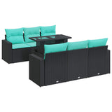 7 Piece Garden Sofa Set with Cushions Black Poly Rattan Acacia 3326258
